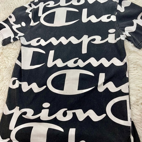 Size L Vintage Champion T-Shirt Vintage 90s All Over Print‎ Black Distressed Y2K - Picture 11 of 15